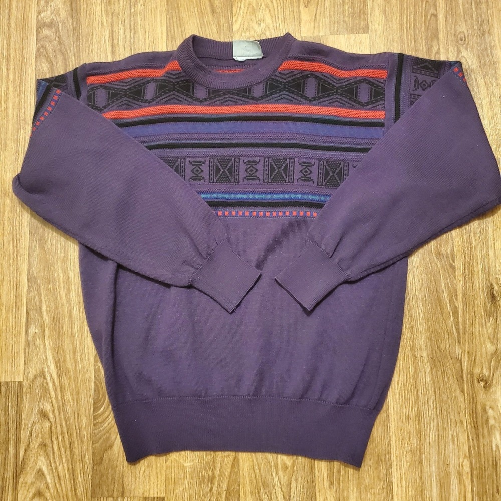Vintage‎ 80s Meister Sweater Men Large Purple Geometric Fair Isle Wool Blend Ski